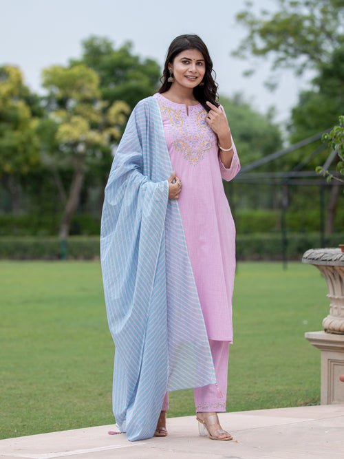 COLORFUL CHIKANKARI EMB. 3PC KURTA PANT SET EMBELLISHED WITH HAND WORK DETAILS