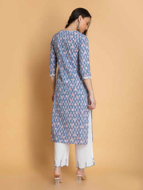 MUL-COTTON 3PC PRINTED KURTA PANT SET DETAILED WITH EMBROIDERY.