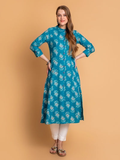 FLORAL PRINTED A-LINE KURTI EMBELLISHED WITH BUTTON DETAILS