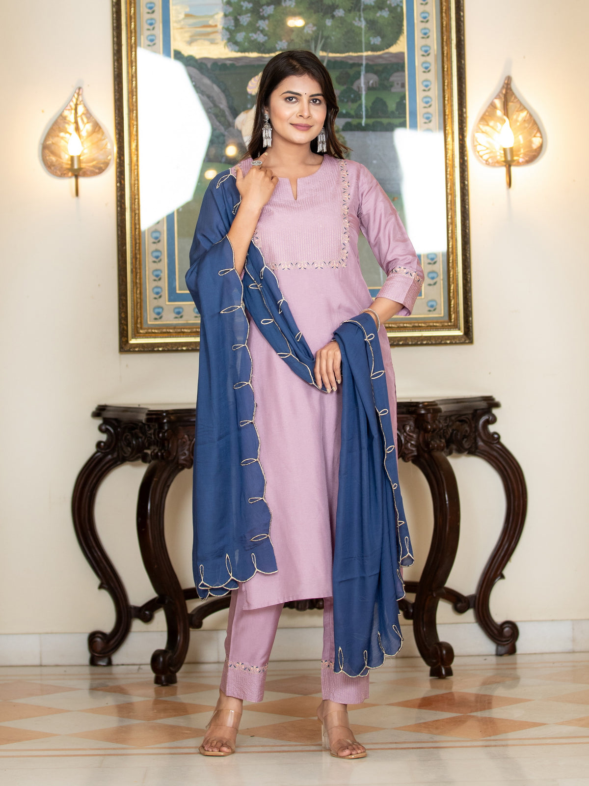 RICH SILK 3PC KURTA PANT SET WITH SCALLOPED DUPATTA