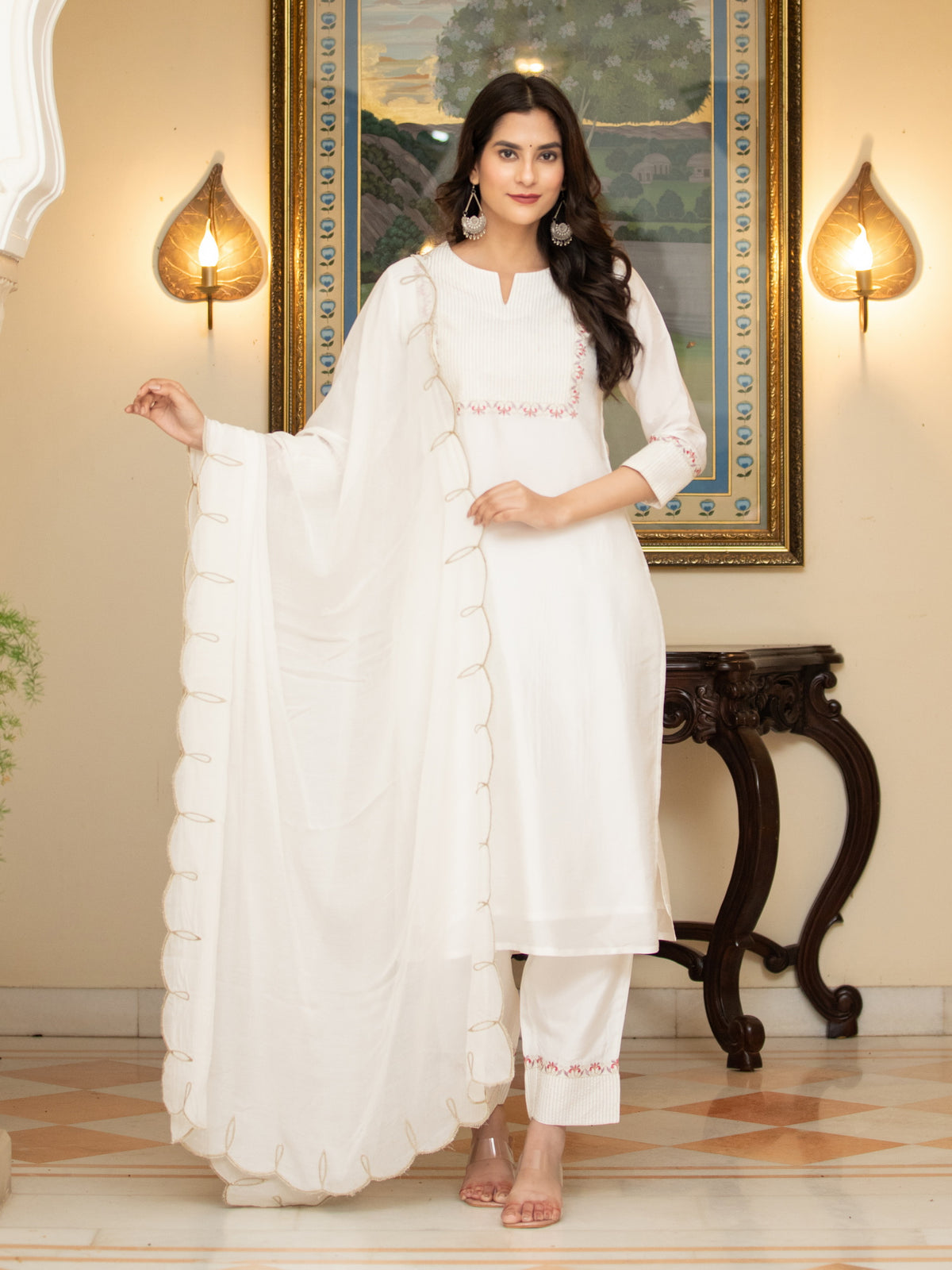 RICH SILK 3PC KURTA PANT SET WITH SCALLOPED DUPATTA