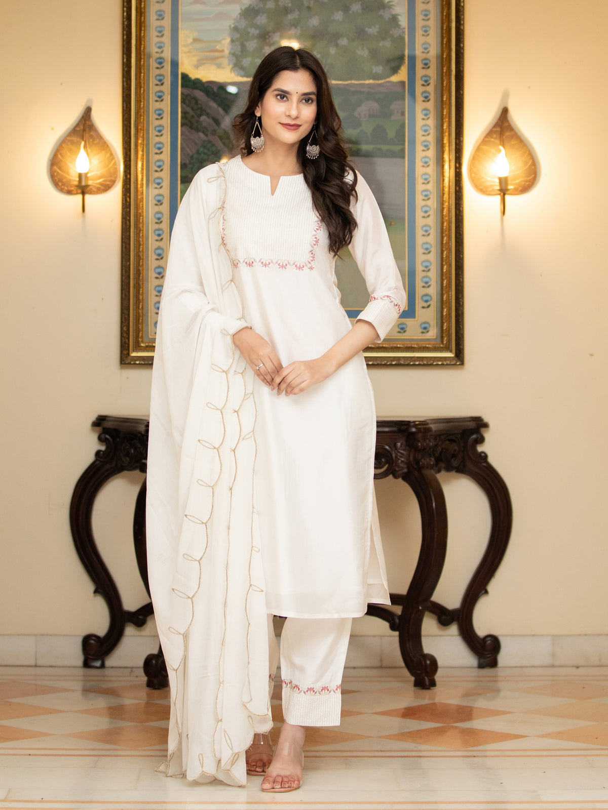 RICH SILK 3PC KURTA PANT SET WITH SCALLOPED DUPATTA