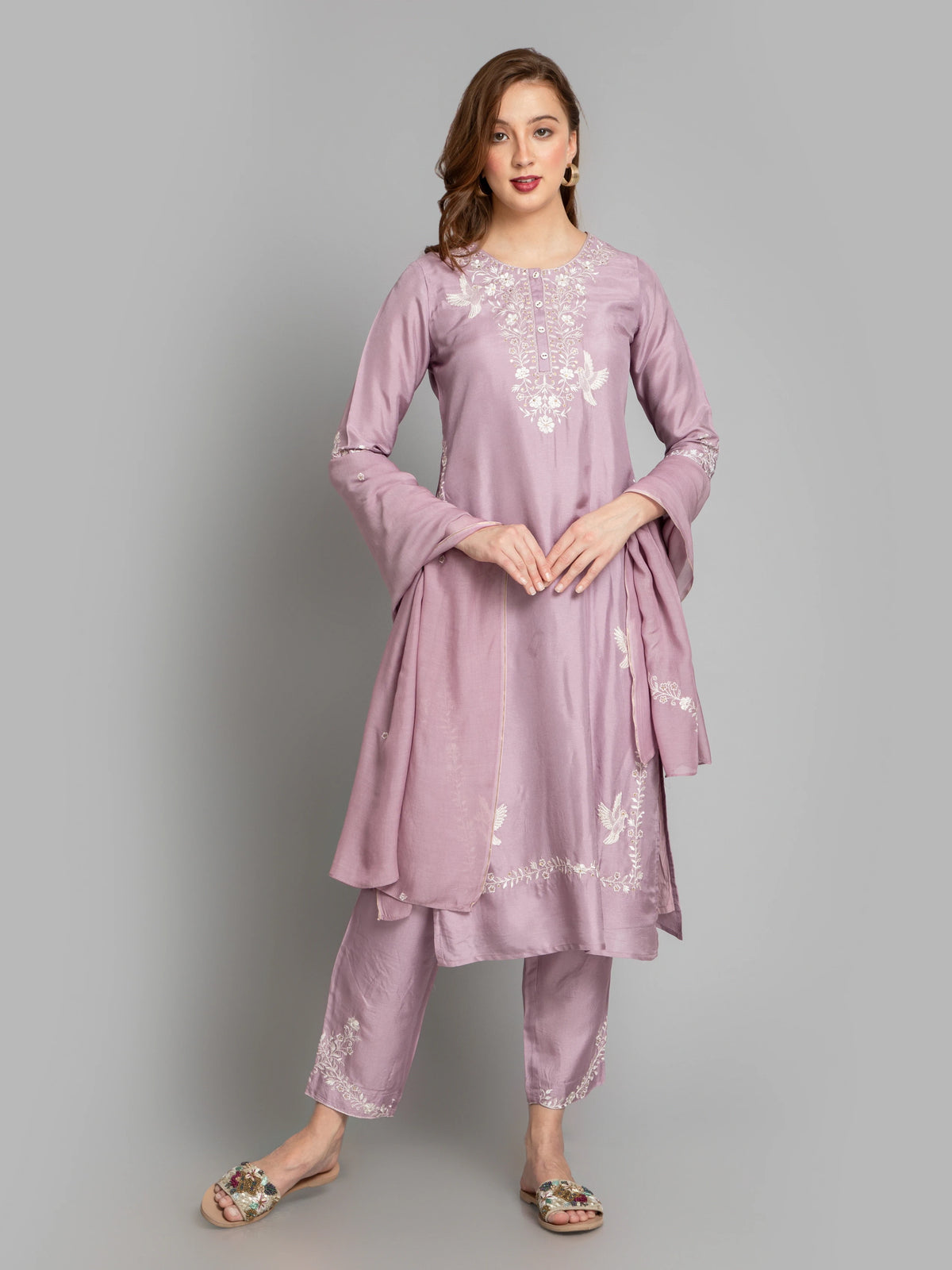 SUTI WOMEN RICH SILK 3PC KURTA PANT SET EMBELLISHED WITH SEQ. EMB. DETAILS