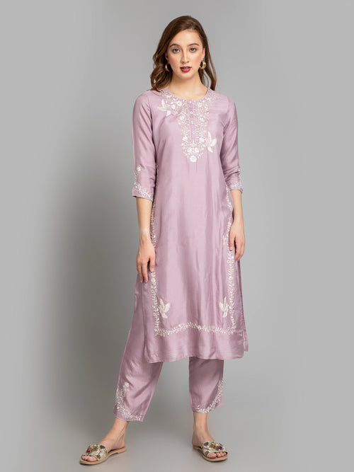 SUTI WOMEN RICH SILK 3PC KURTA PANT SET EMBELLISHED WITH SEQ. EMB. DETAILS