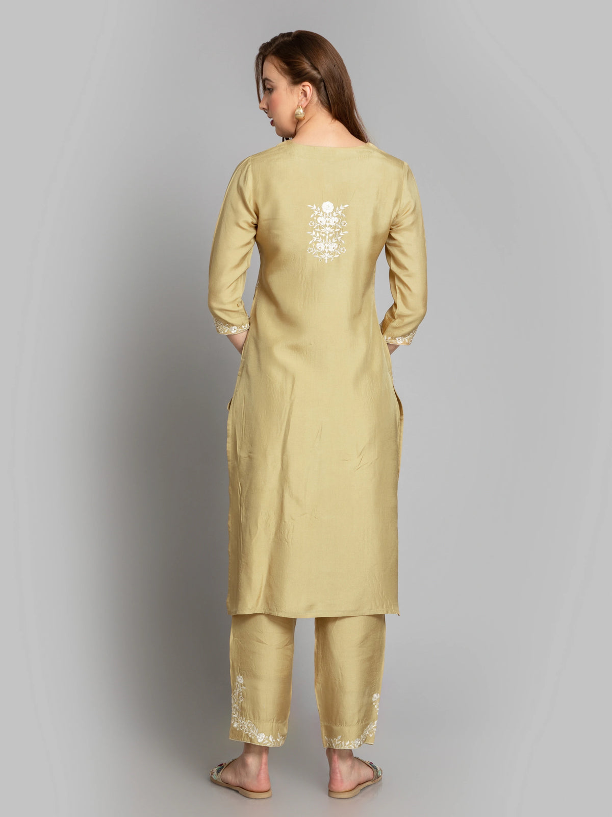 SUTI WOMEN RICH SILK 3PC KURTA PANT SET EMBELLISHED WITH SEQ. EMB. DETAILS