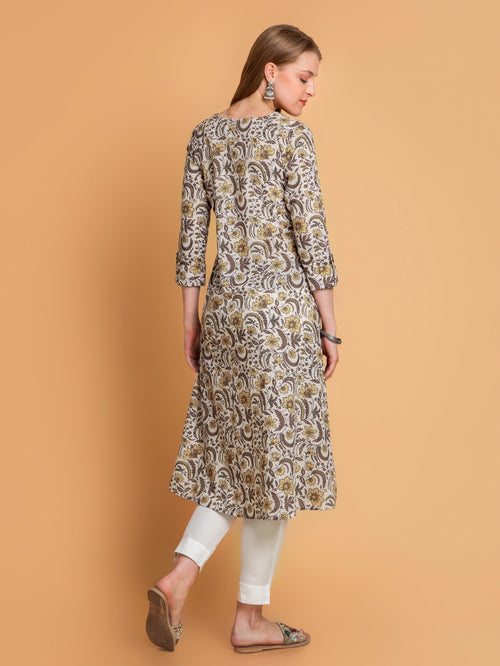 Cotton Pintuck A-Line Kurti with Button Details