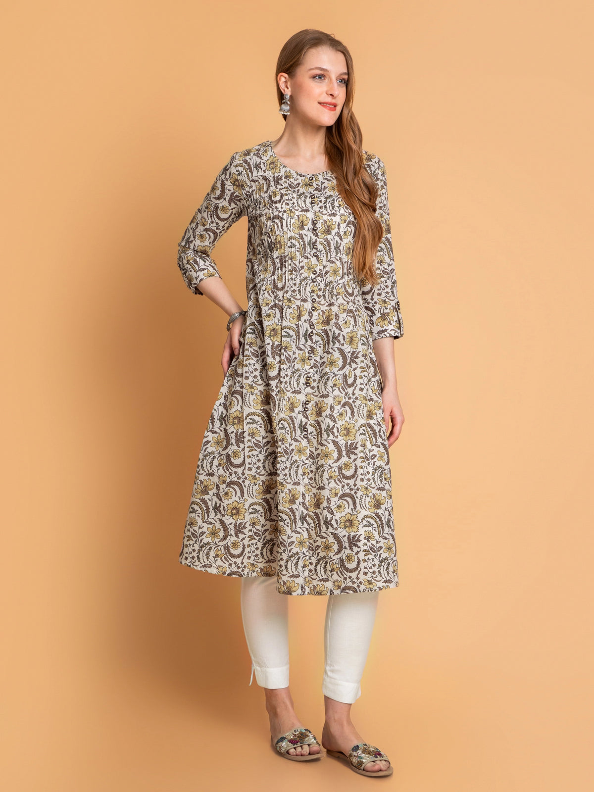 Cotton Pintuck A-Line Kurti with Button Details