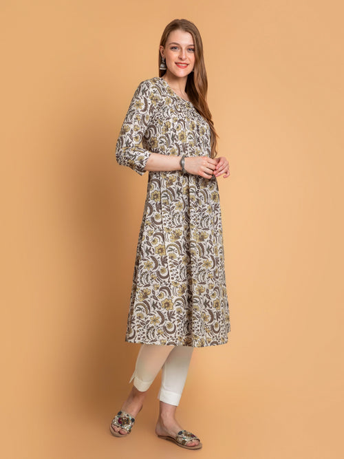 Cotton Pintuck A-Line Kurti with Button Details