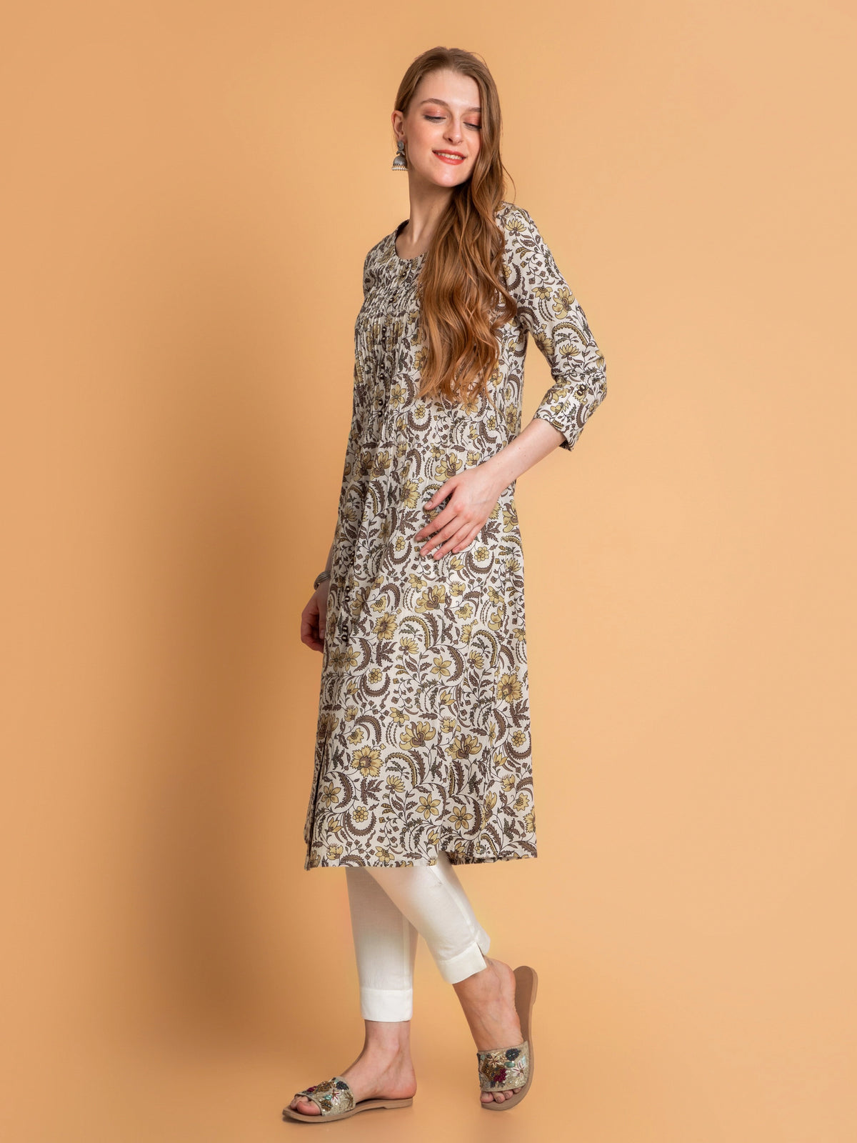 Cotton Pintuck A-Line Kurti with Button Details