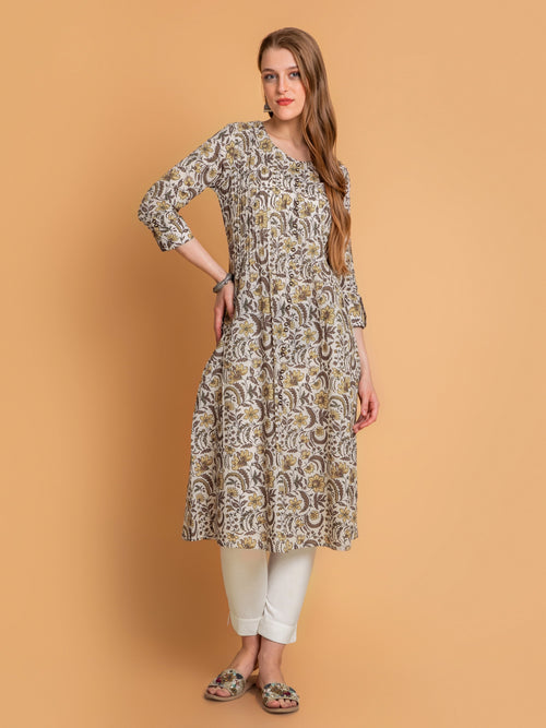 Cotton Pintuck A-Line Kurti with Button Details