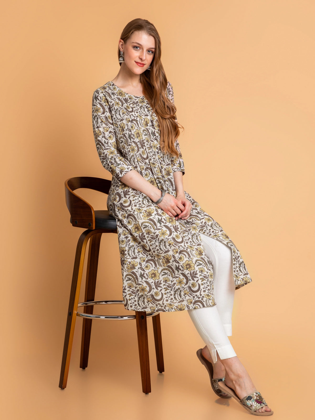 Cotton Pintuck A-Line Kurti with Button Details