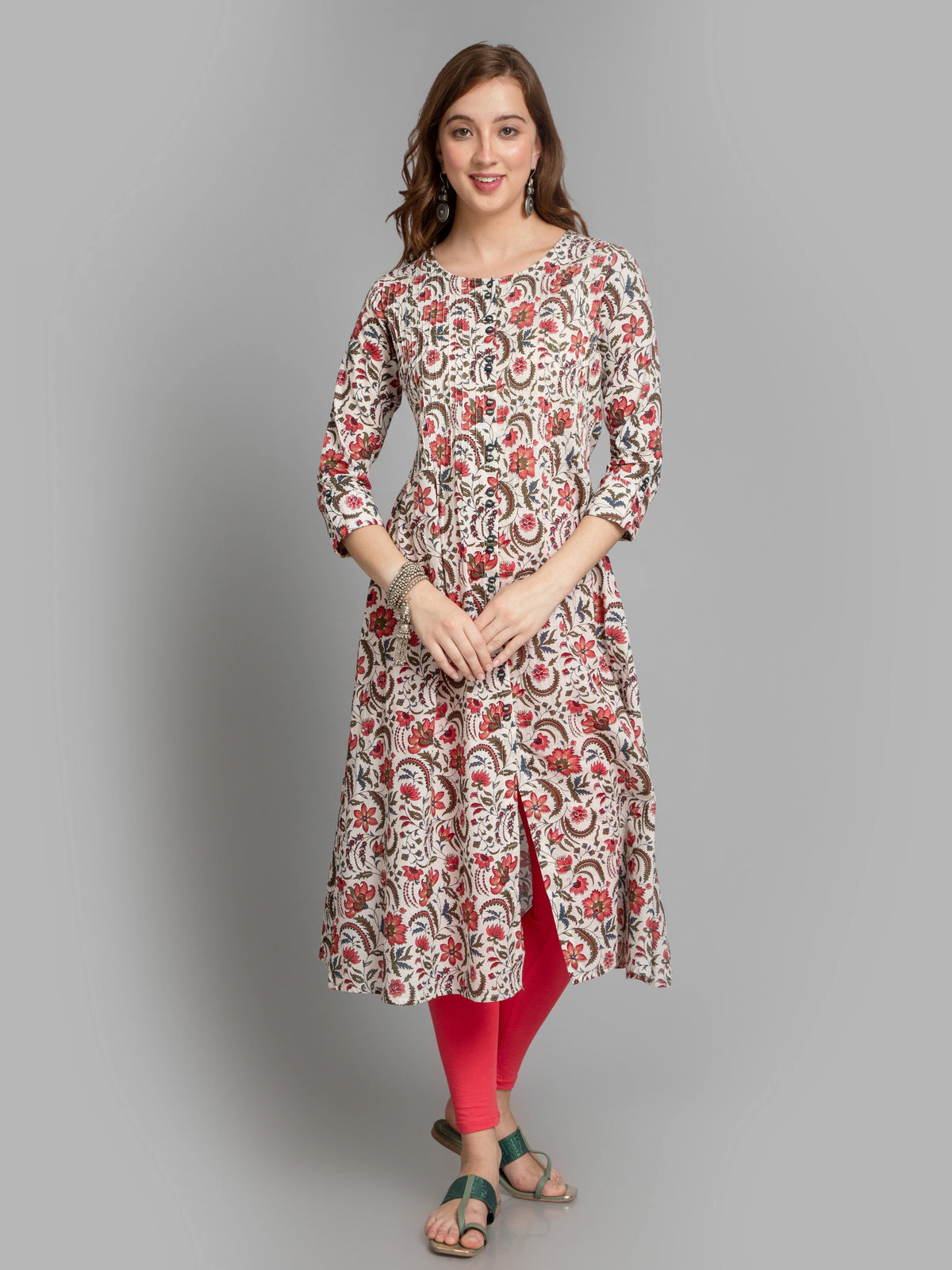 Cotton Pintuck A-Line Kurti with Button Details