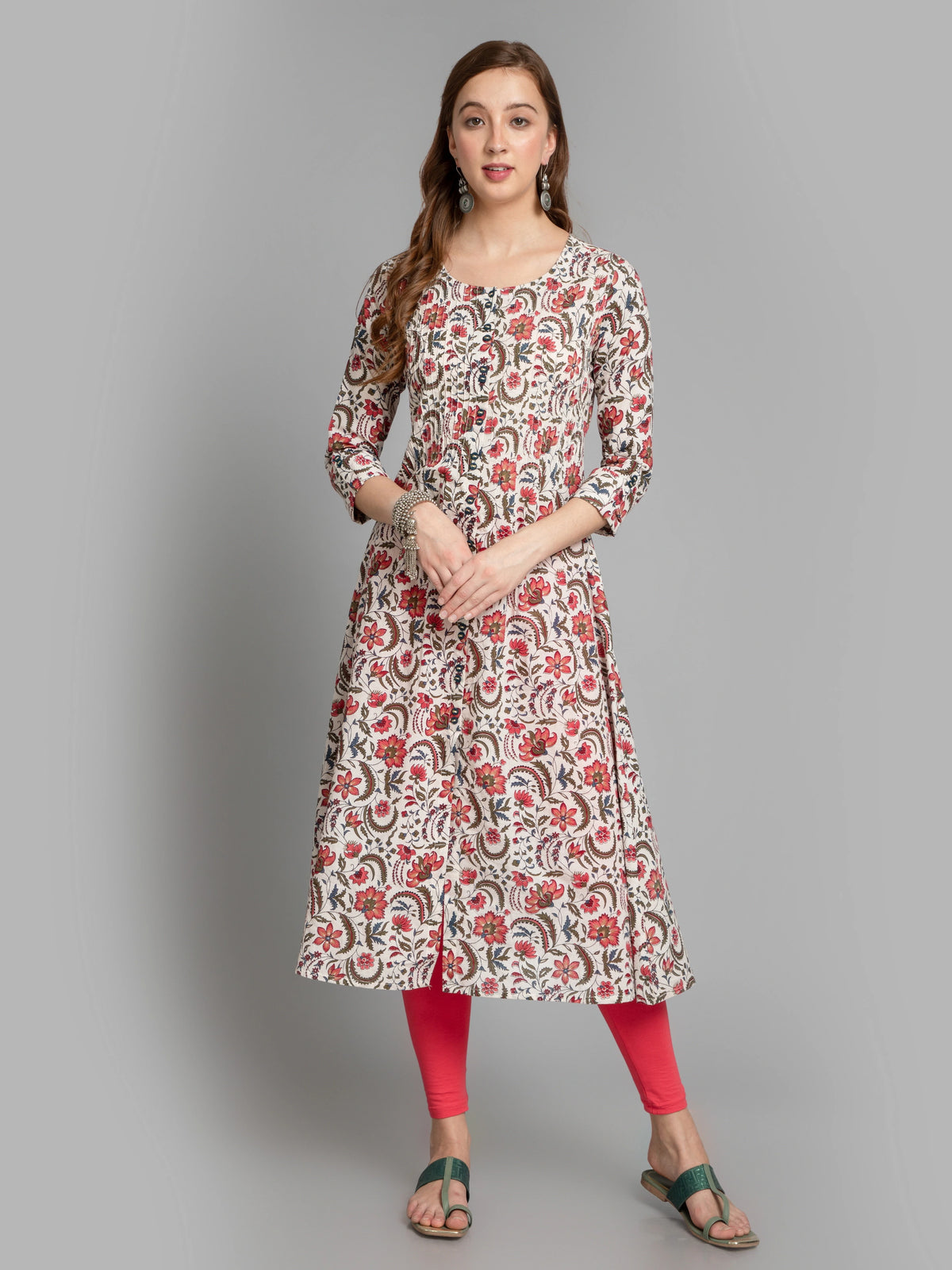 Cotton Pintuck A-Line Kurti with Button Details