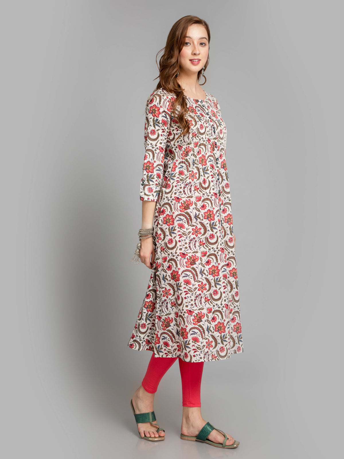 Cotton Pintuck A-Line Kurti with Button Details