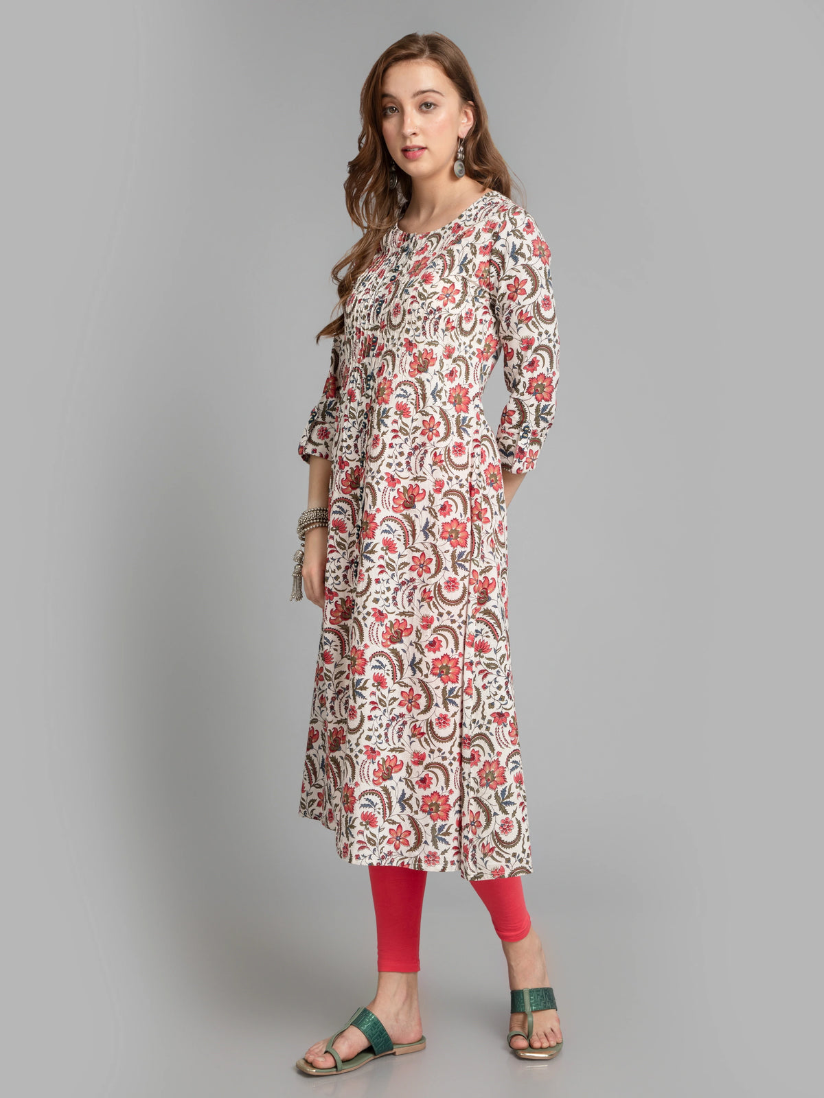 Cotton Pintuck A-Line Kurti with Button Details