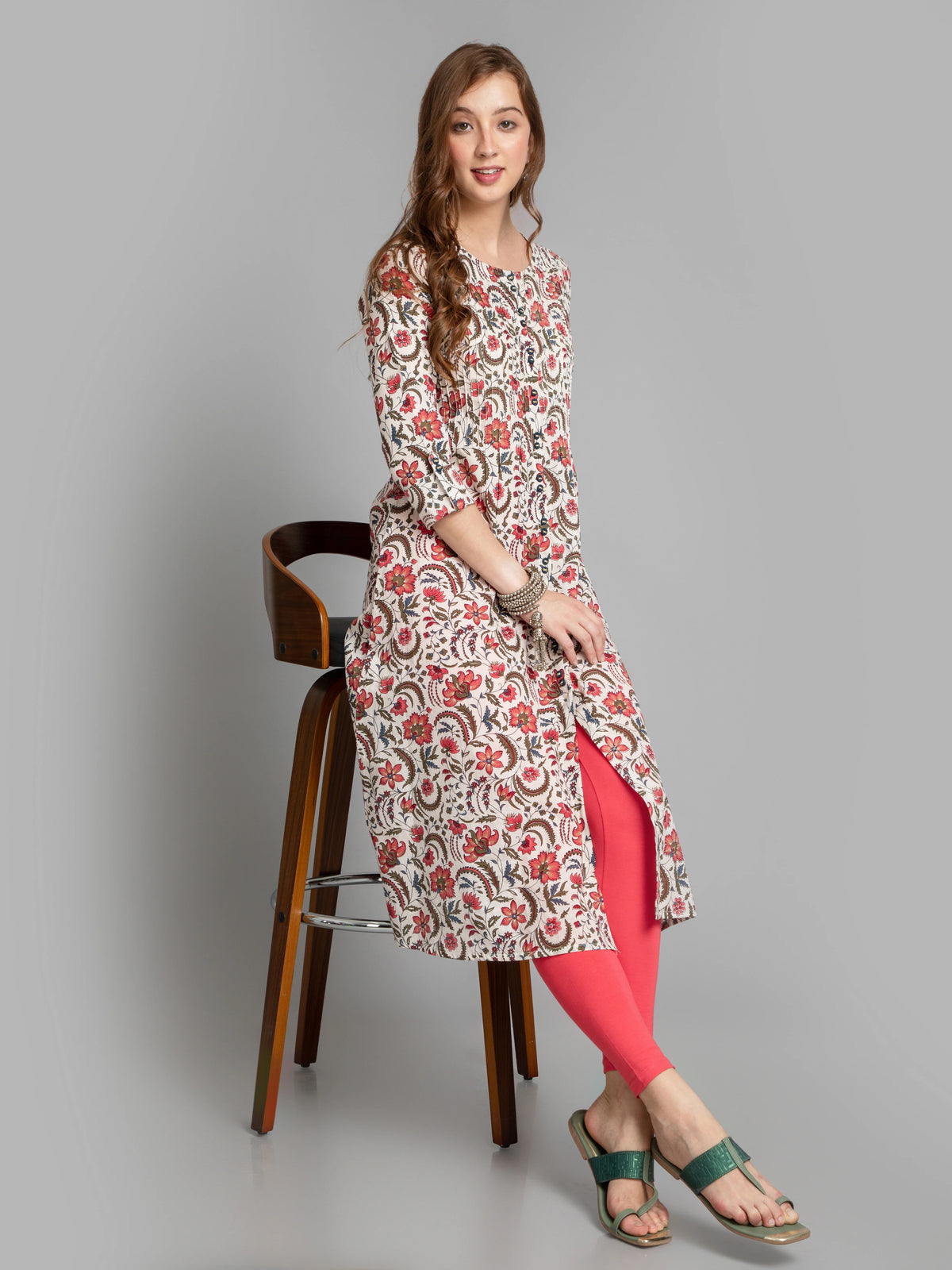 Cotton Pintuck A-Line Kurti with Button Details