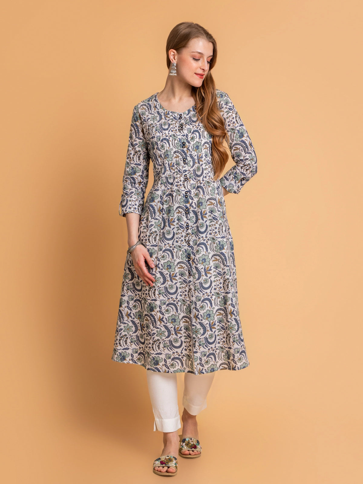 Cotton Pintuck A-Line Kurti with Button Details