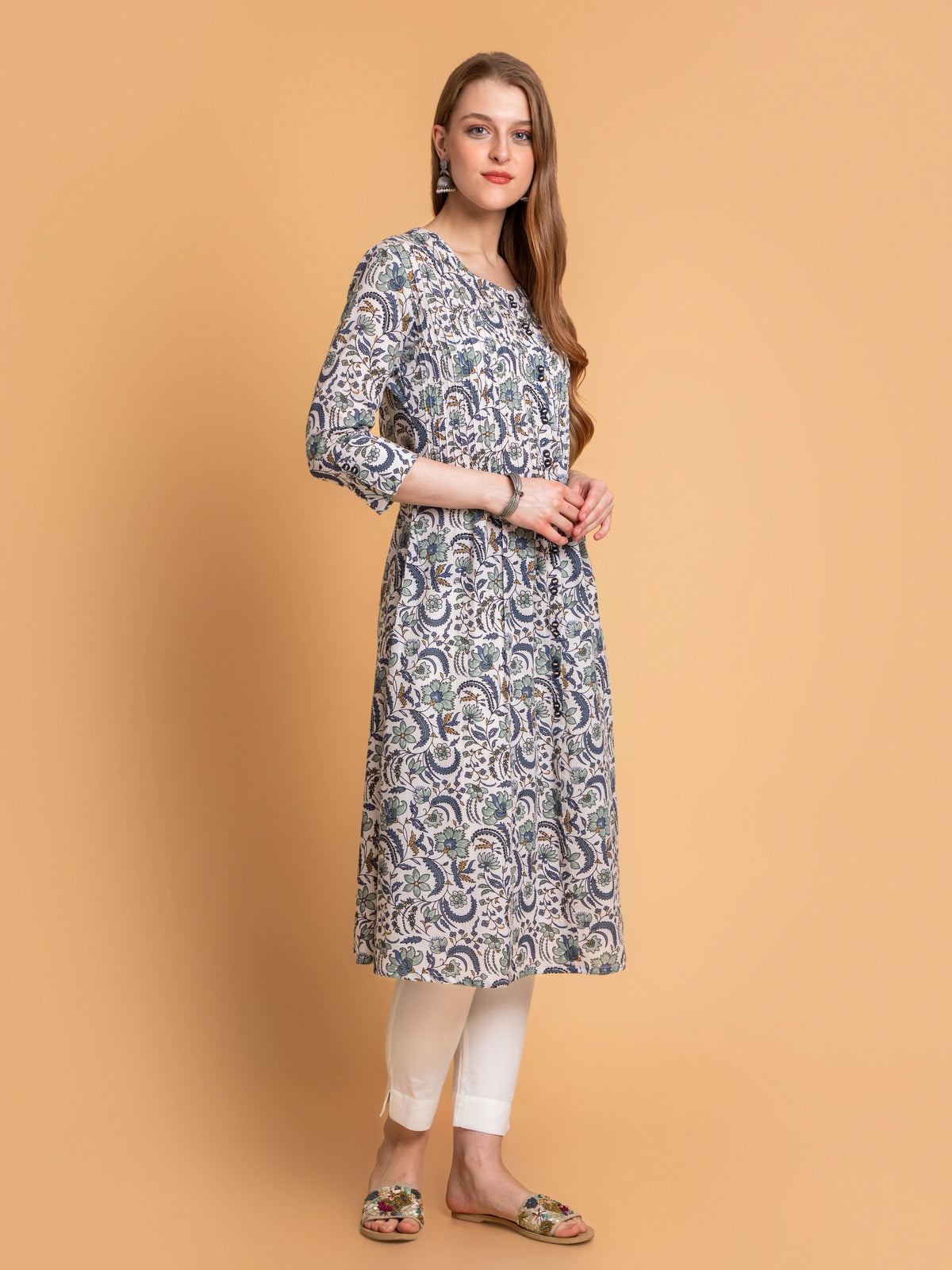 Cotton Pintuck A-Line Kurti with Button Details