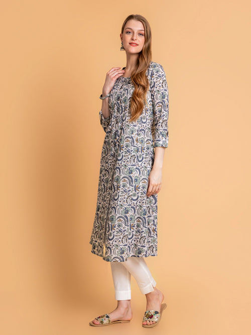 Cotton Pintuck A-Line Kurti with Button Details