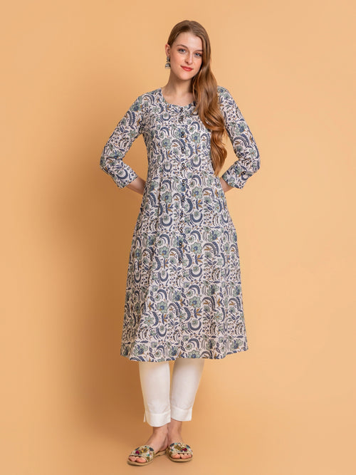 Cotton Pintuck A-Line Kurti with Button Details