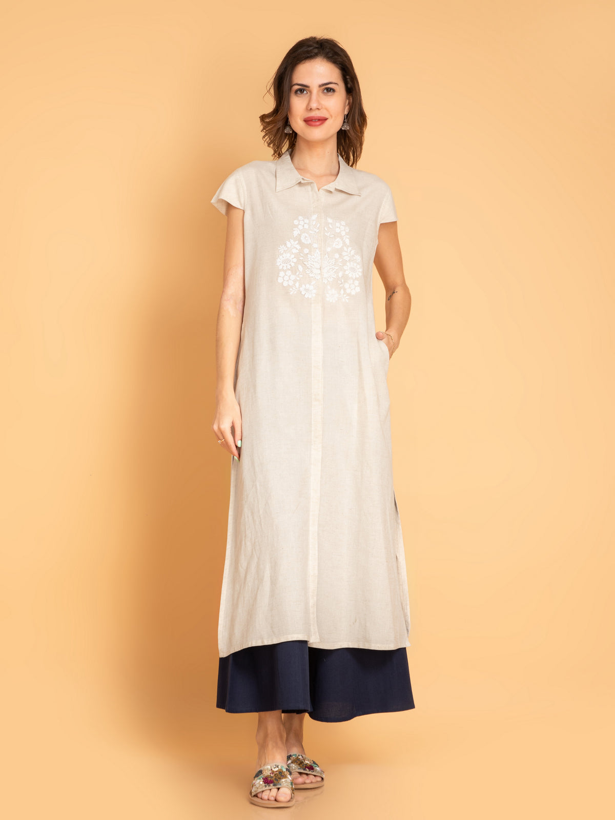 Linen Blend Long Kurti with Placement Embroidery