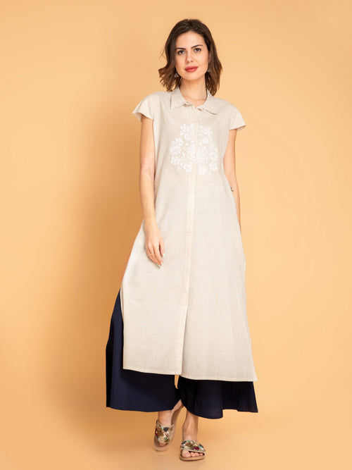 Linen Blend Long Kurti with Placement Embroidery