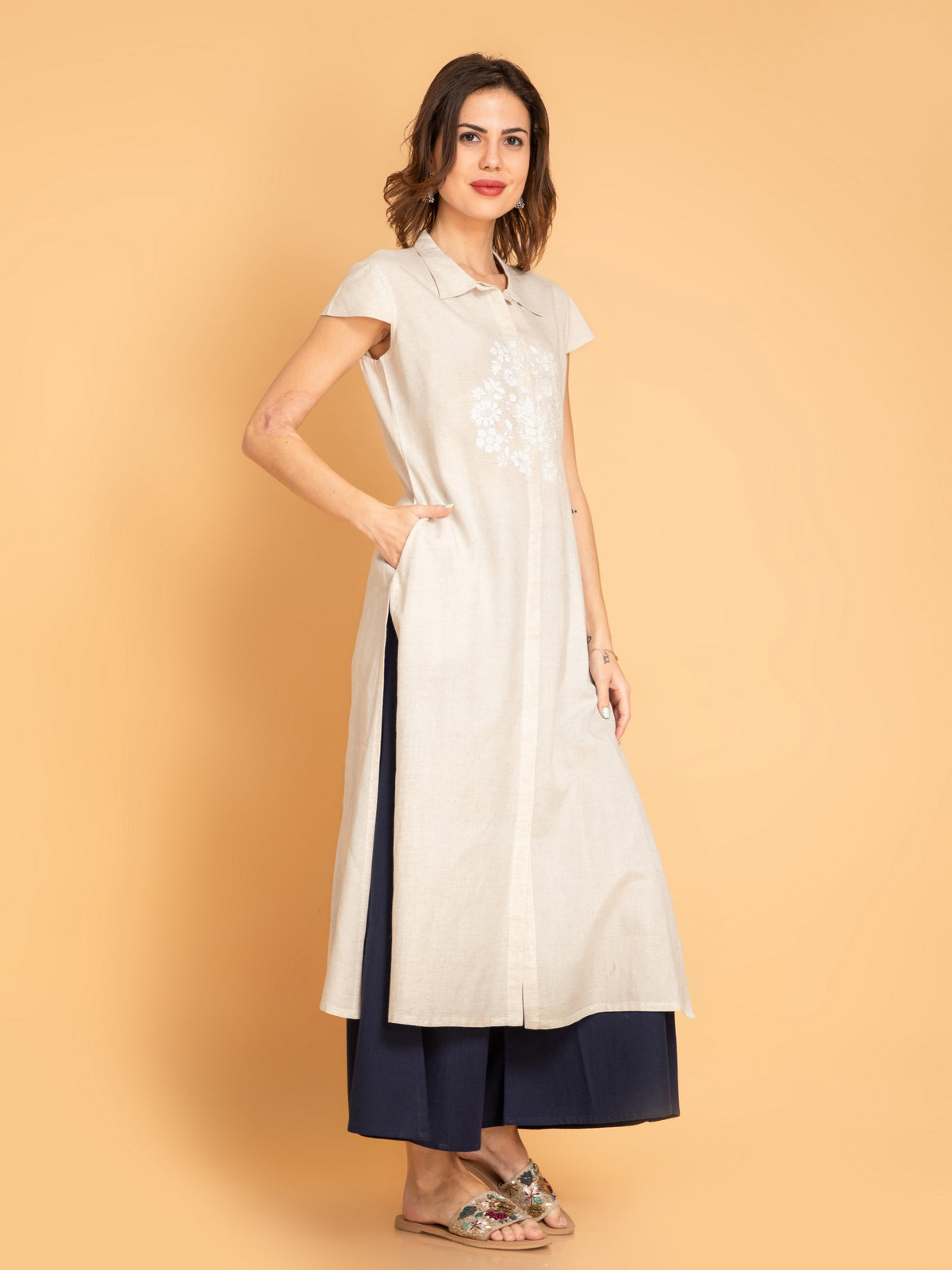 Linen Blend Long Kurti with Placement Embroidery