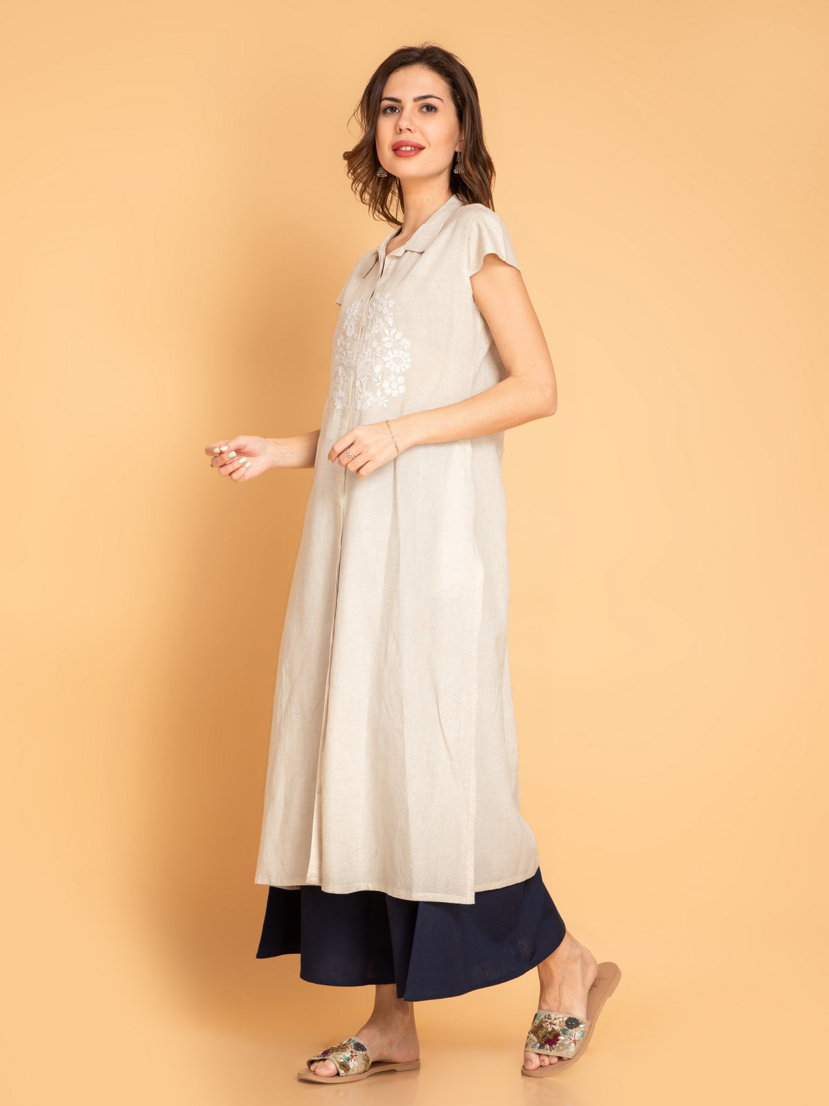 Linen Blend Long Kurti with Placement Embroidery