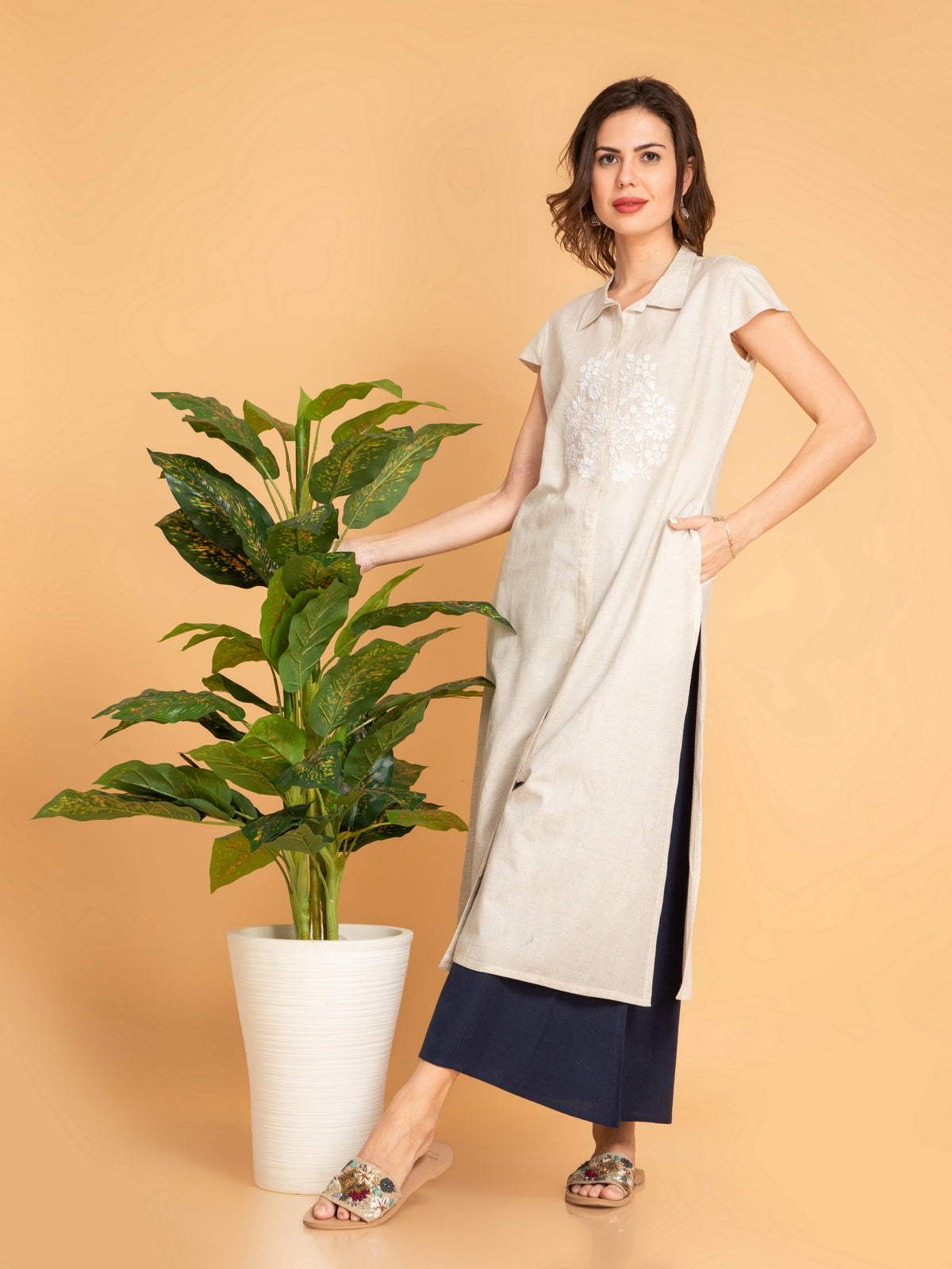 Linen Blend Long Kurti with Placement Embroidery