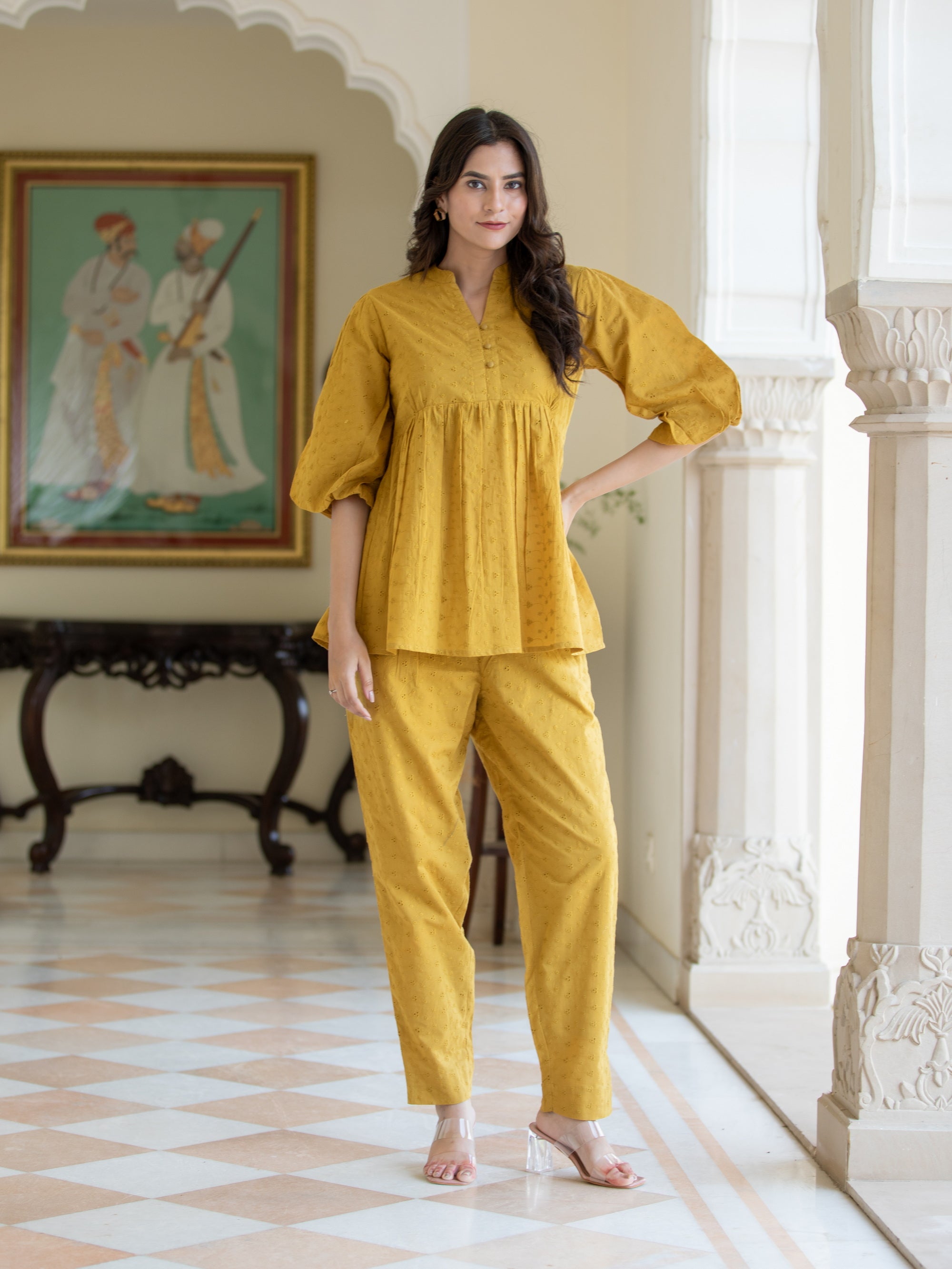 Ecru Olive 2 Pcs Co-ord Set in Mul Cotton