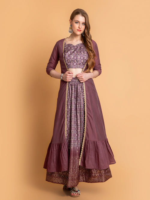 SUTI WOMEN CHANDERI BASE 3PC FUSION SKIRT SET PAIRED WITH LONG SHRUG EMBELIISHED WITH LACE DETAILS.