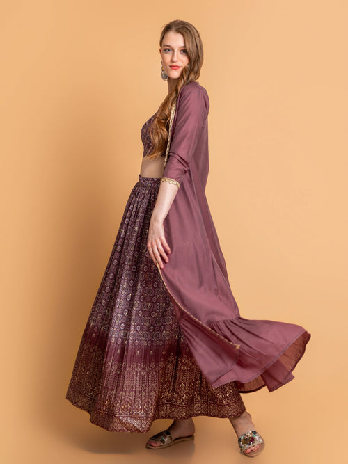 SUTI WOMEN CHANDERI BASE 3PC FUSION SKIRT SET PAIRED WITH LONG SHRUG EMBELIISHED WITH LACE DETAILS.