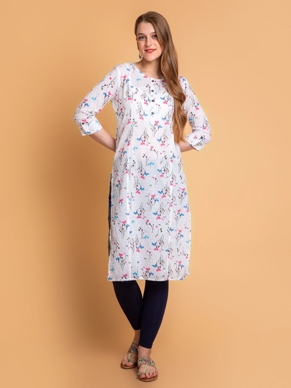 Off-White Floral Printed Kalidar Straight Long Kurti