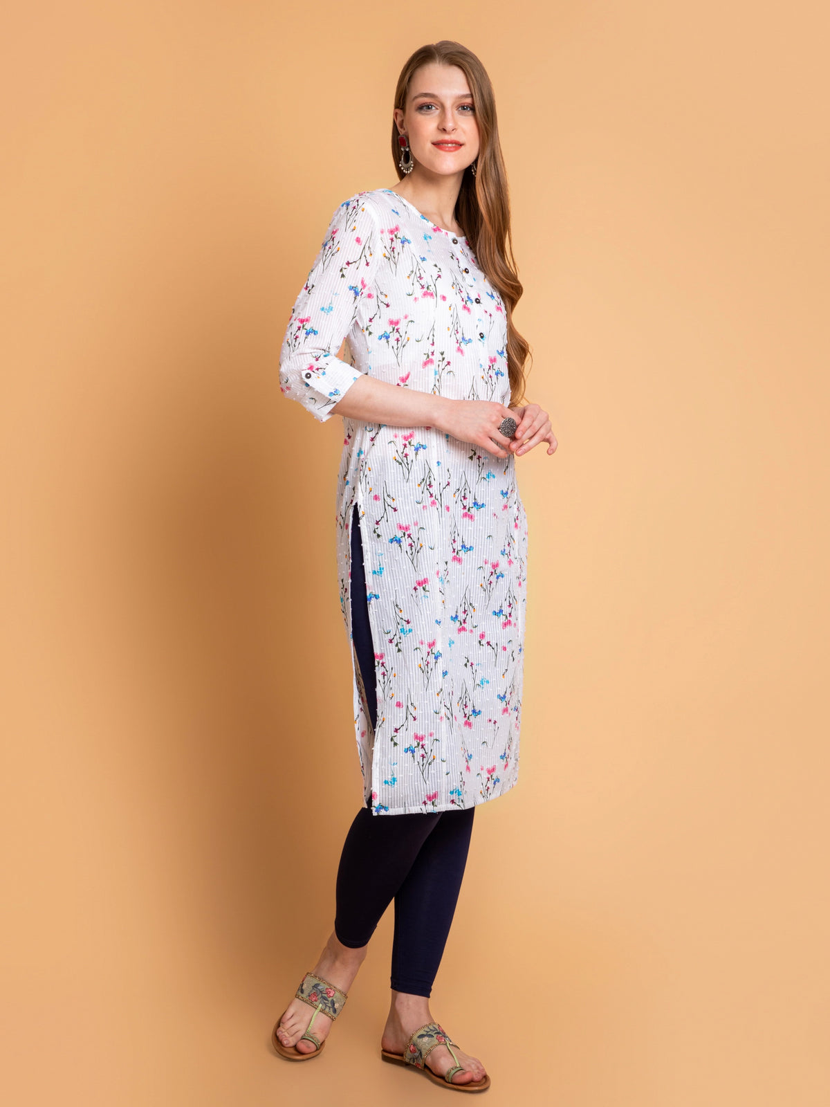 Off-White Floral Printed Kalidar Straight Long Kurti