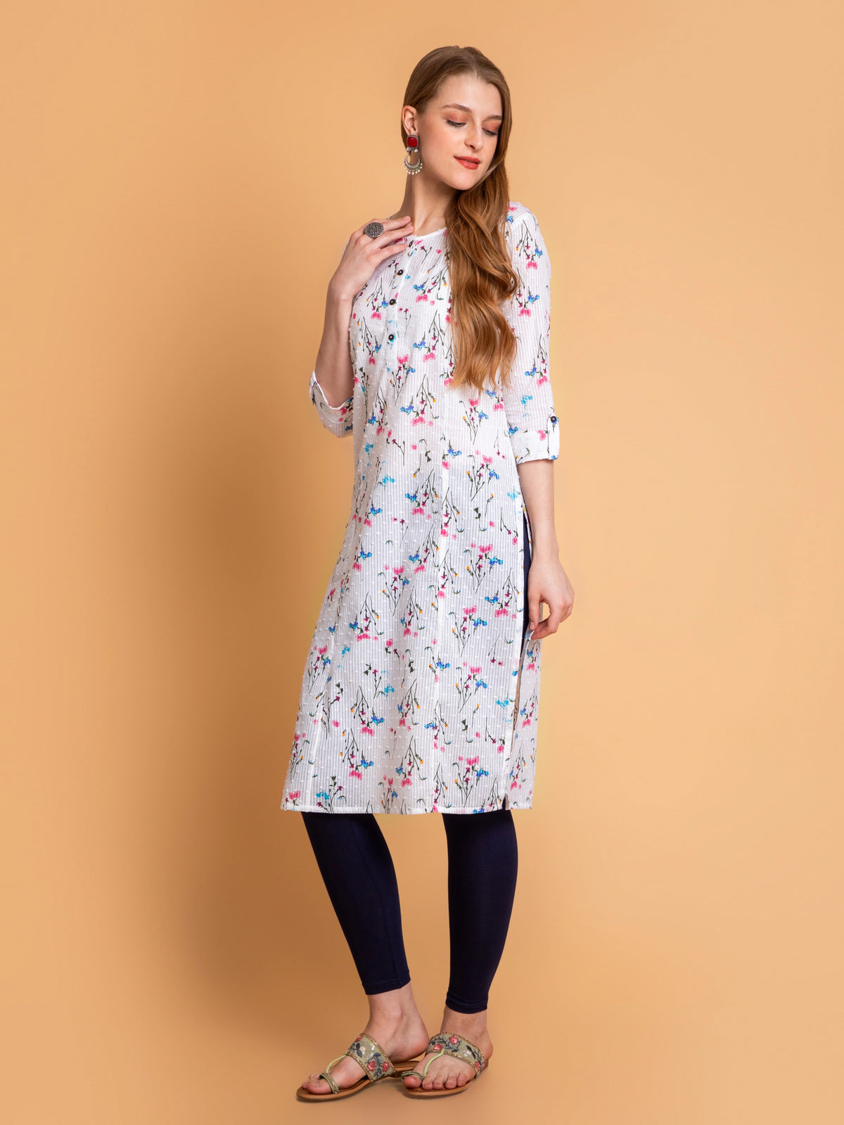 Off-White Floral Printed Kalidar Straight Long Kurti