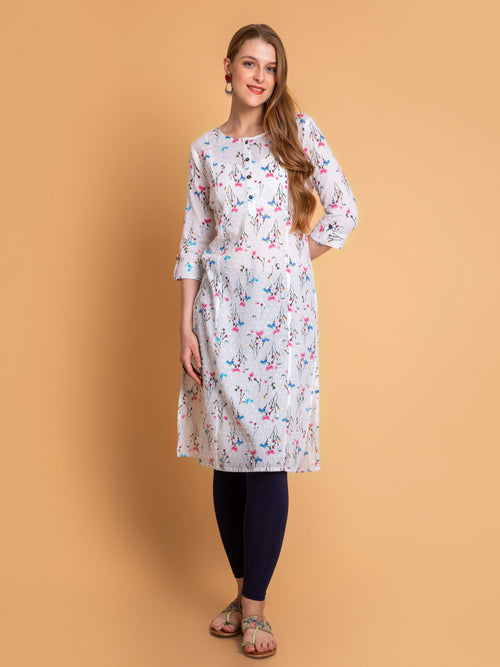 Off-White Floral Printed Kalidar Straight Long Kurti