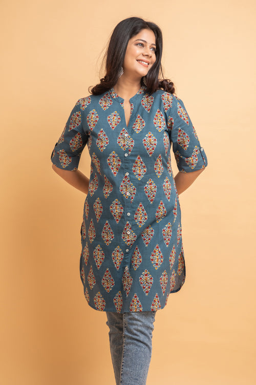 Cotton Ajrak Printed Short Kurti