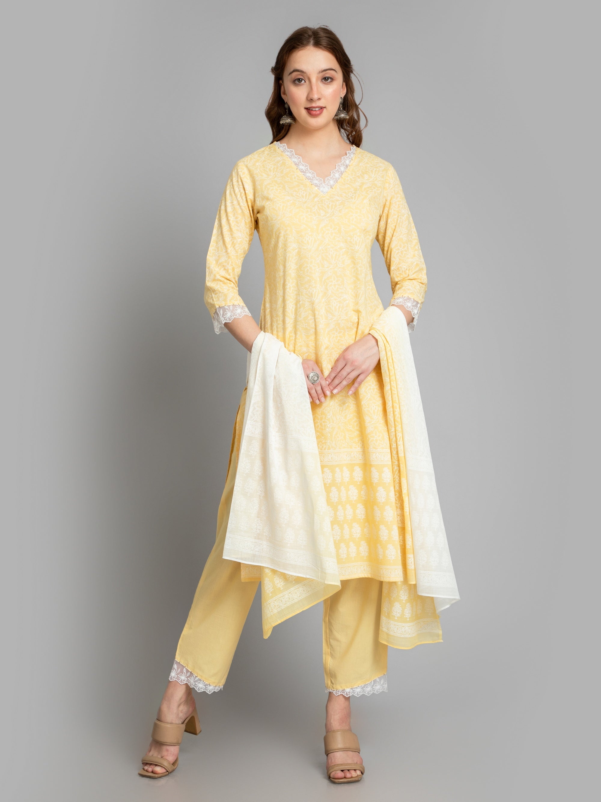 Lemon Yellow 3 Pcs Kurta Set in Mul Cotton