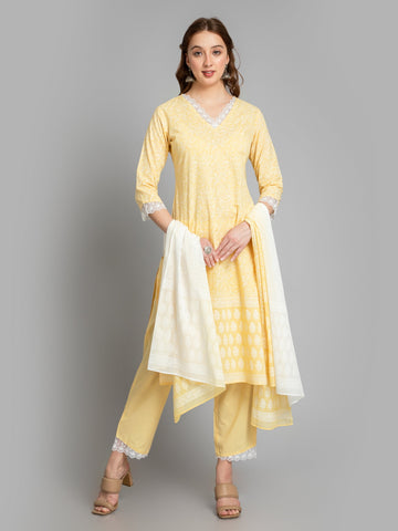 Lemon Yellow 3 Pcs Kurta Set in Mul Cotton