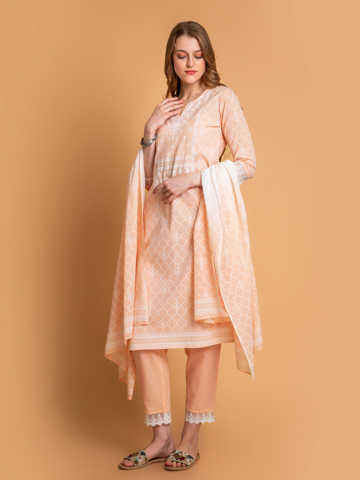 Women Peach Nectar MUL-COTTON KHADI PRINTED 3 PCS KURTA SET.