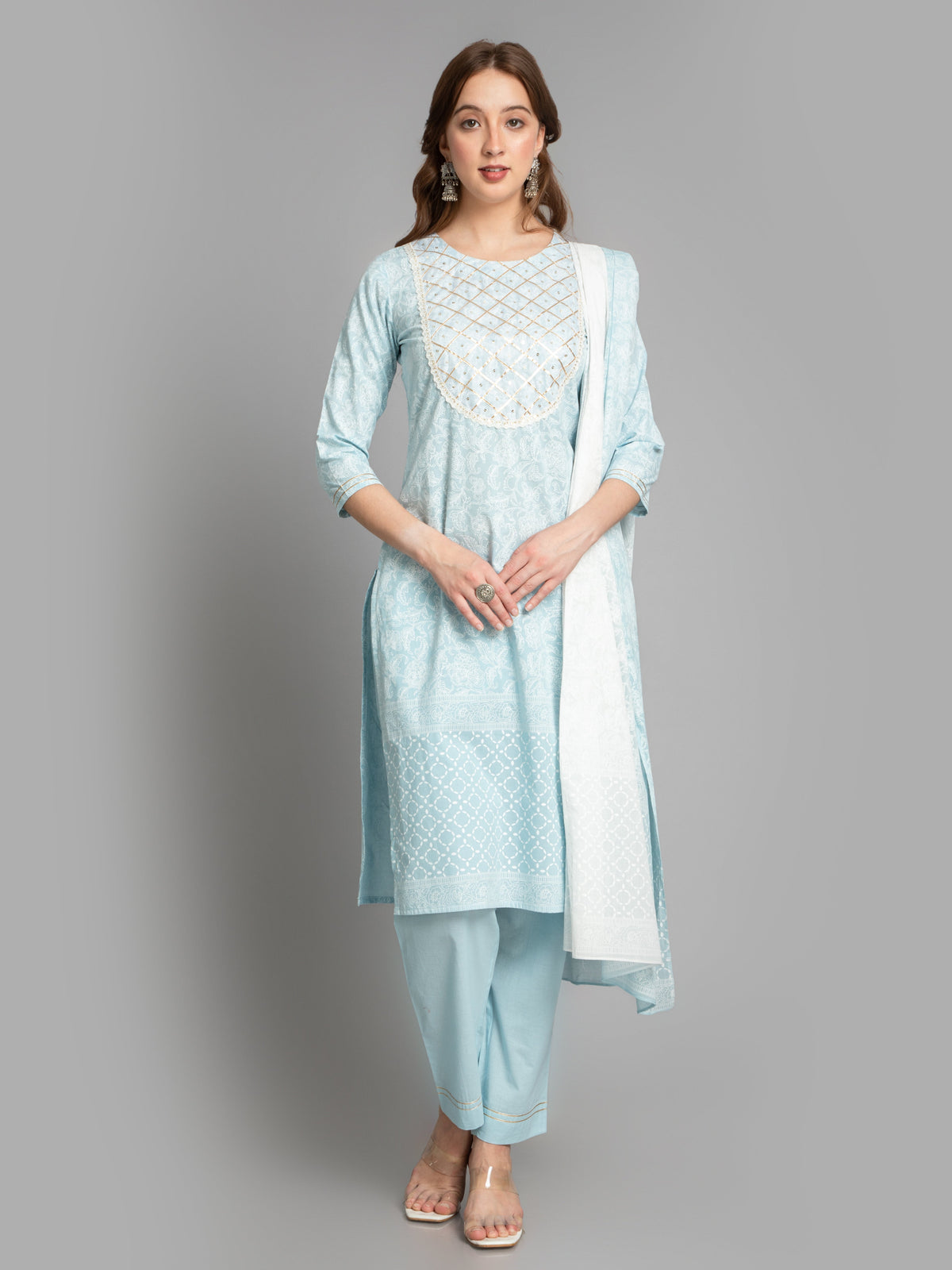 Women Aqua Marine Mul Cotton Khadi Printed 3 PCS Kurta Set