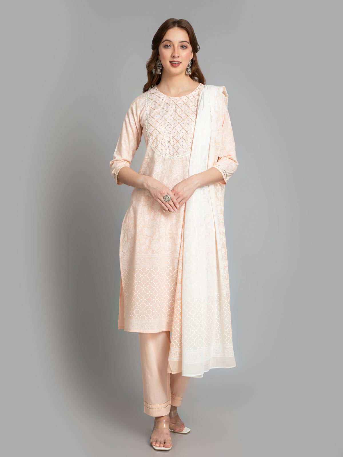 Women Peach Parfait Mul Cotton Khadi Printed 3 PCS Kurta Set