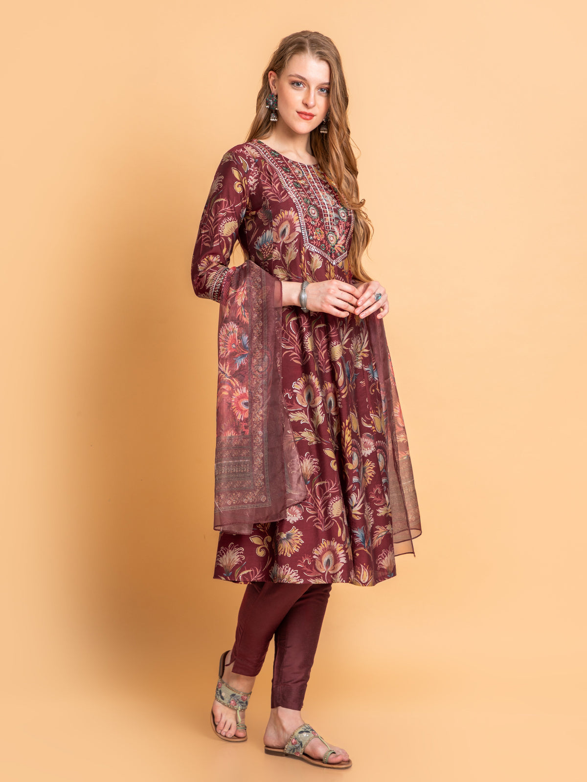 Women Maroon Red Printed 3Pc Anarkali Suit with Dupatta