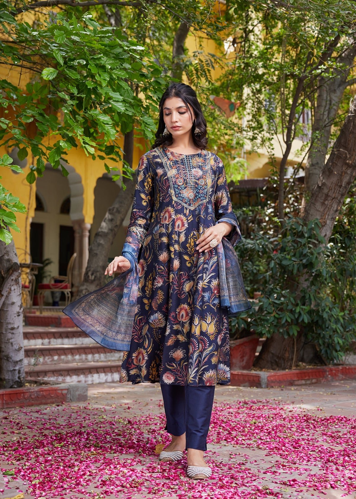 Women Navy Blue Printed 3Pc Anarkali Suit with Dupatta