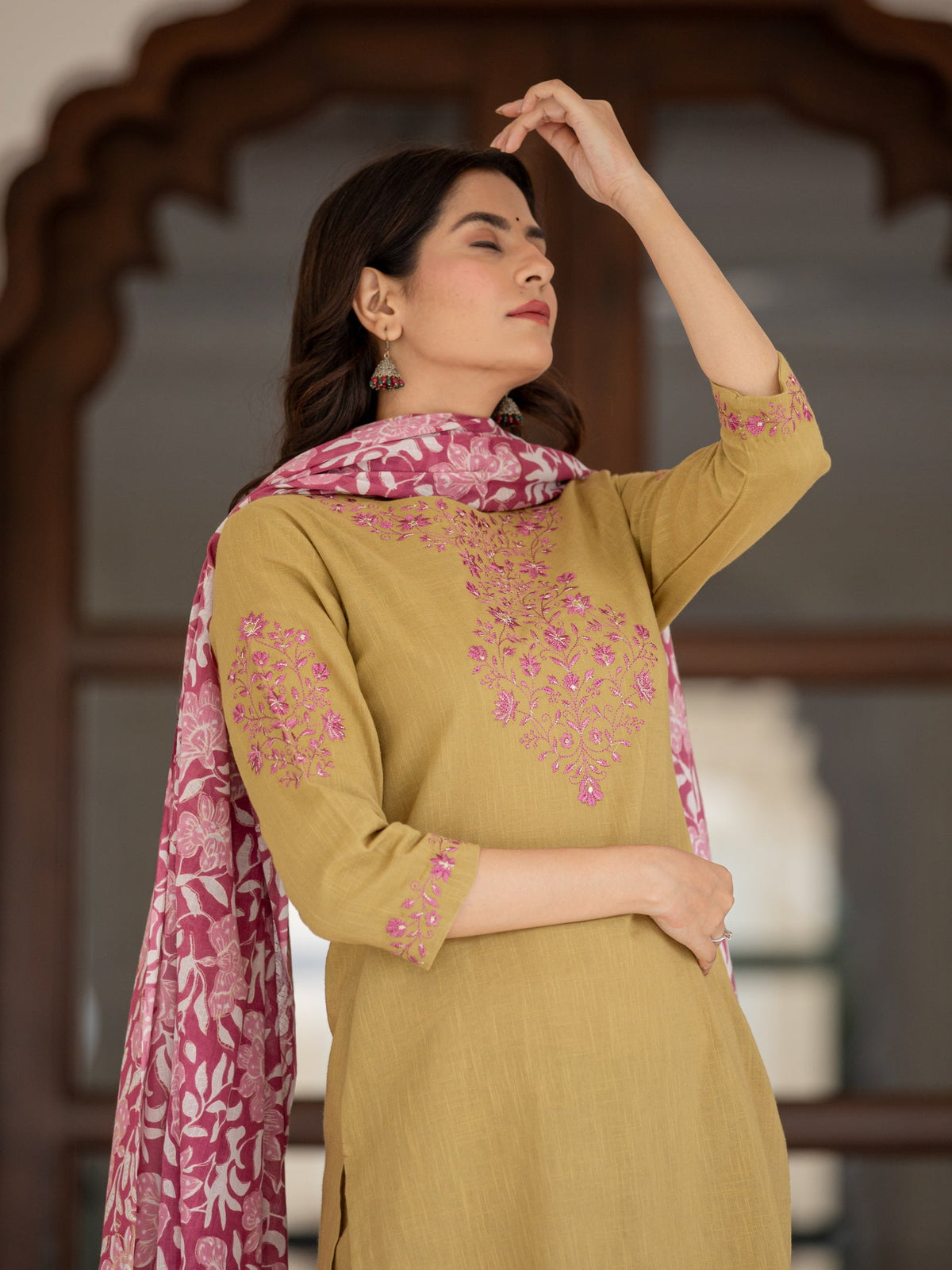 Women Olive EMBROIDERED 3PC KURTA PANT PAIRED WITH FLORAL DUPATTA