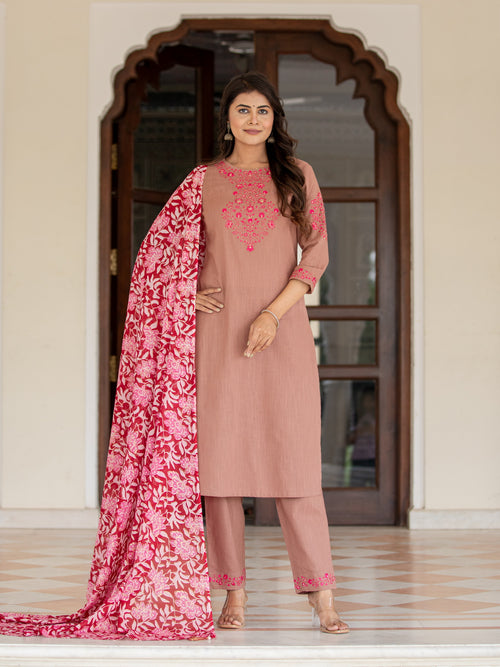 EMBROIDERED 3PC KURTA PANT PAIRED WITH FLORAL DUPATTA