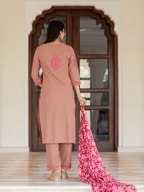 EMBROIDERED 3PC KURTA PANT PAIRED WITH FLORAL DUPATTA