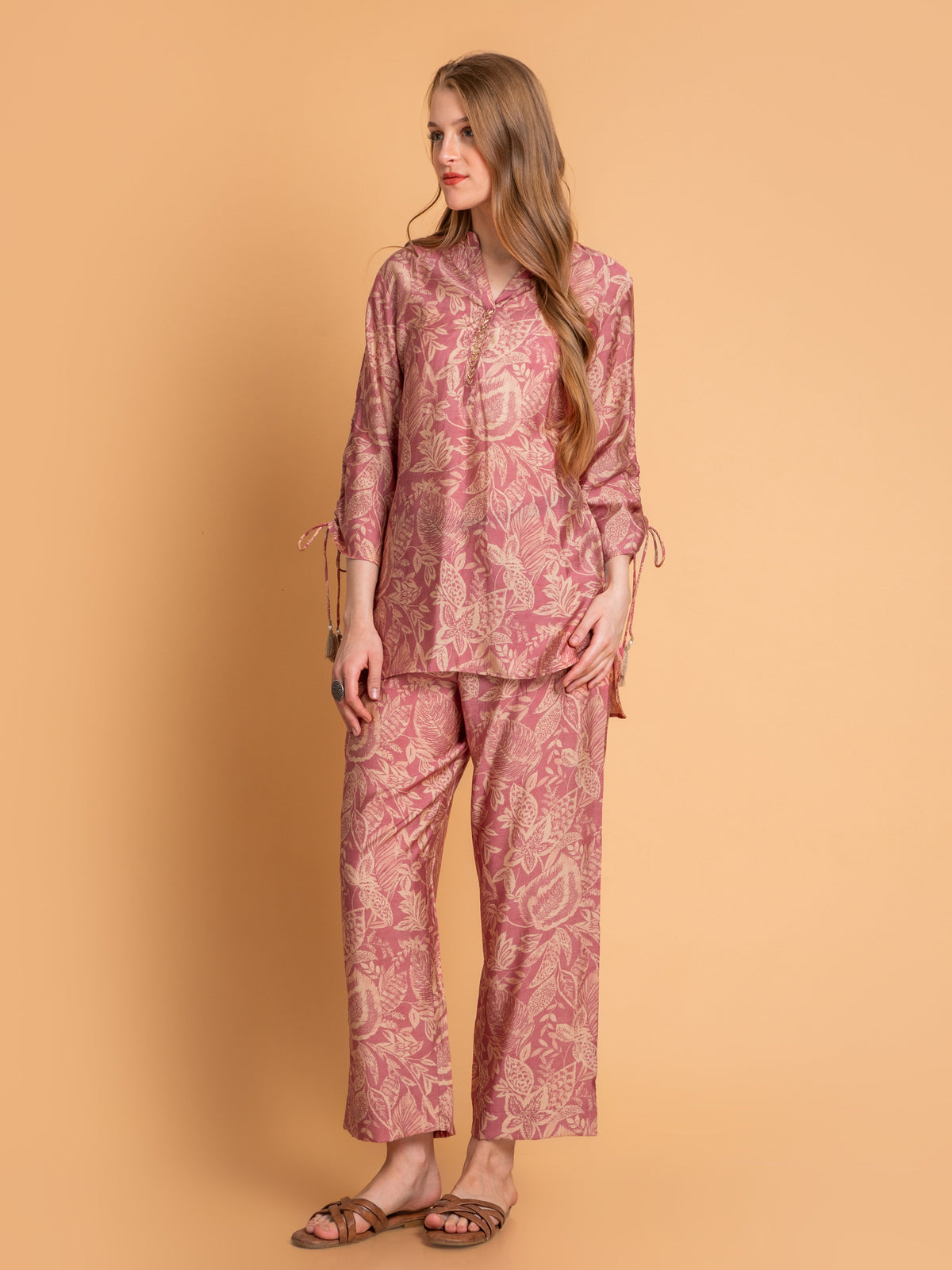 Women ConFetti Pink Viscose Crepe Digital Print High-Low Co-Ord Set