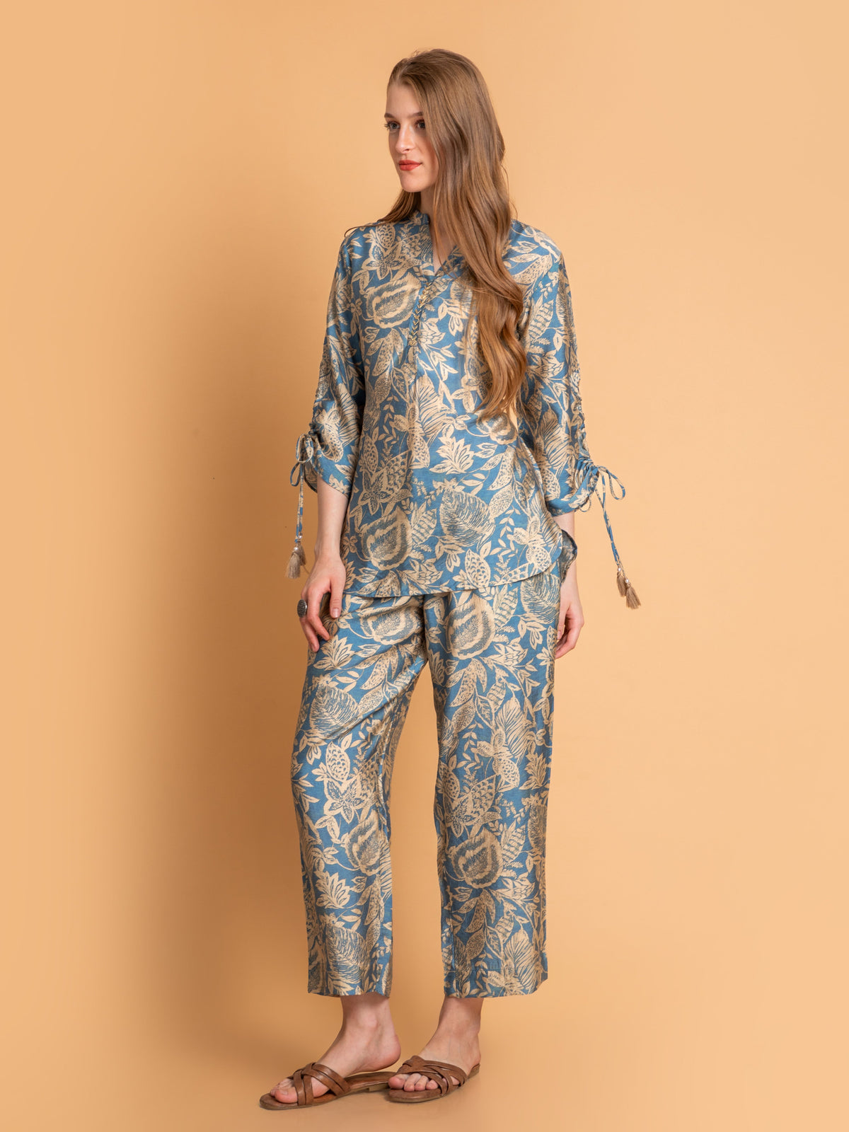 Women Strong Blue Viscose Crepe Digital Print High-Low Co-Ord Set
