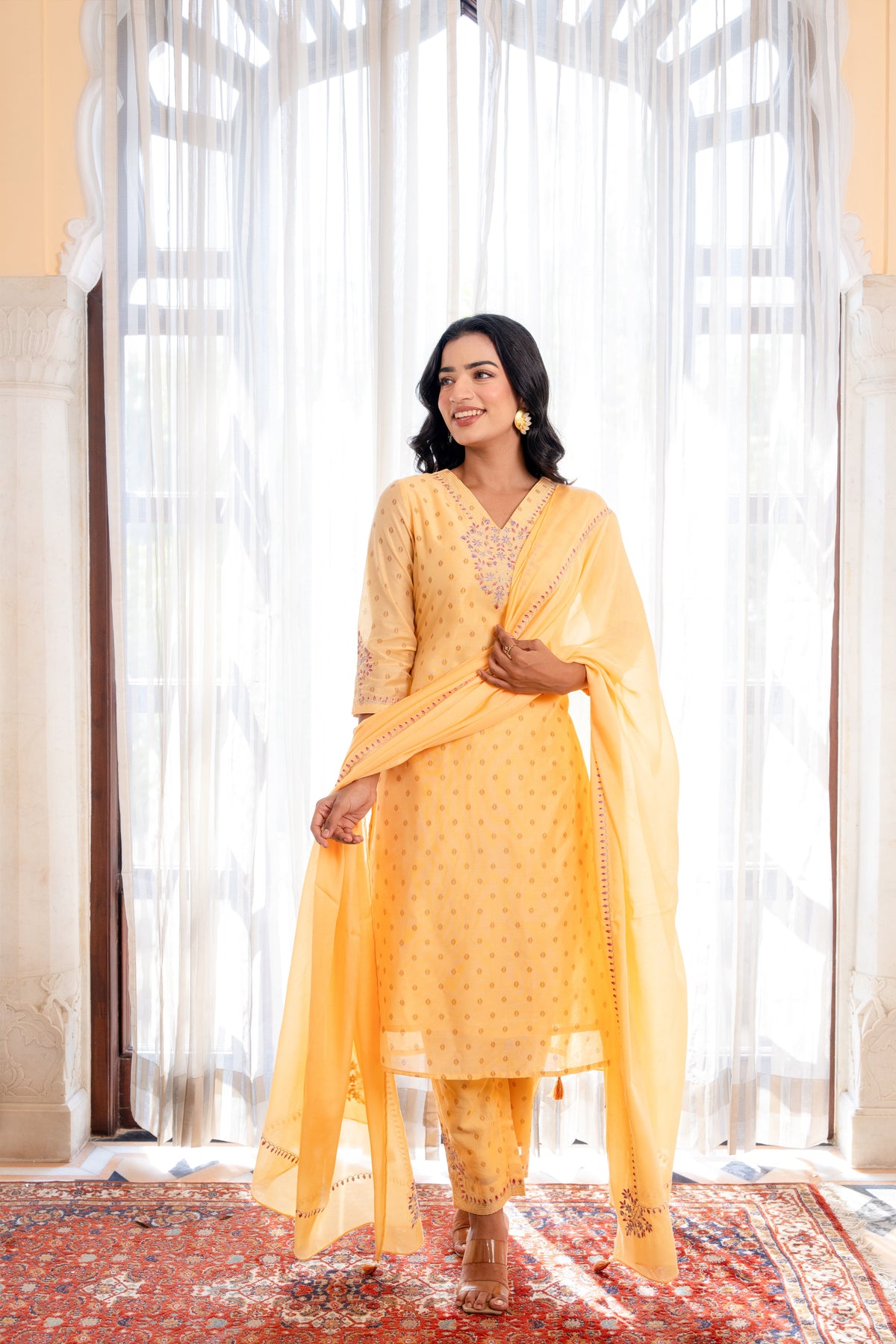 Women Maize CHANDERI 3PC KURTA PANT SET WITH DELICATE EMBROIDERY DETAILS